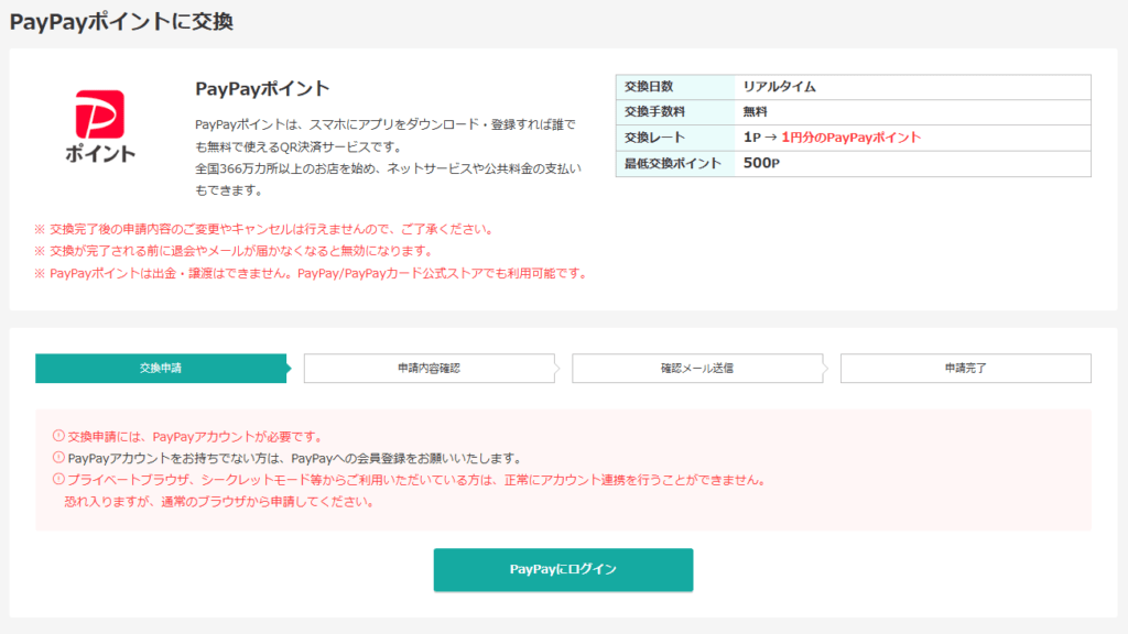 PayPayポイントの交換ページ